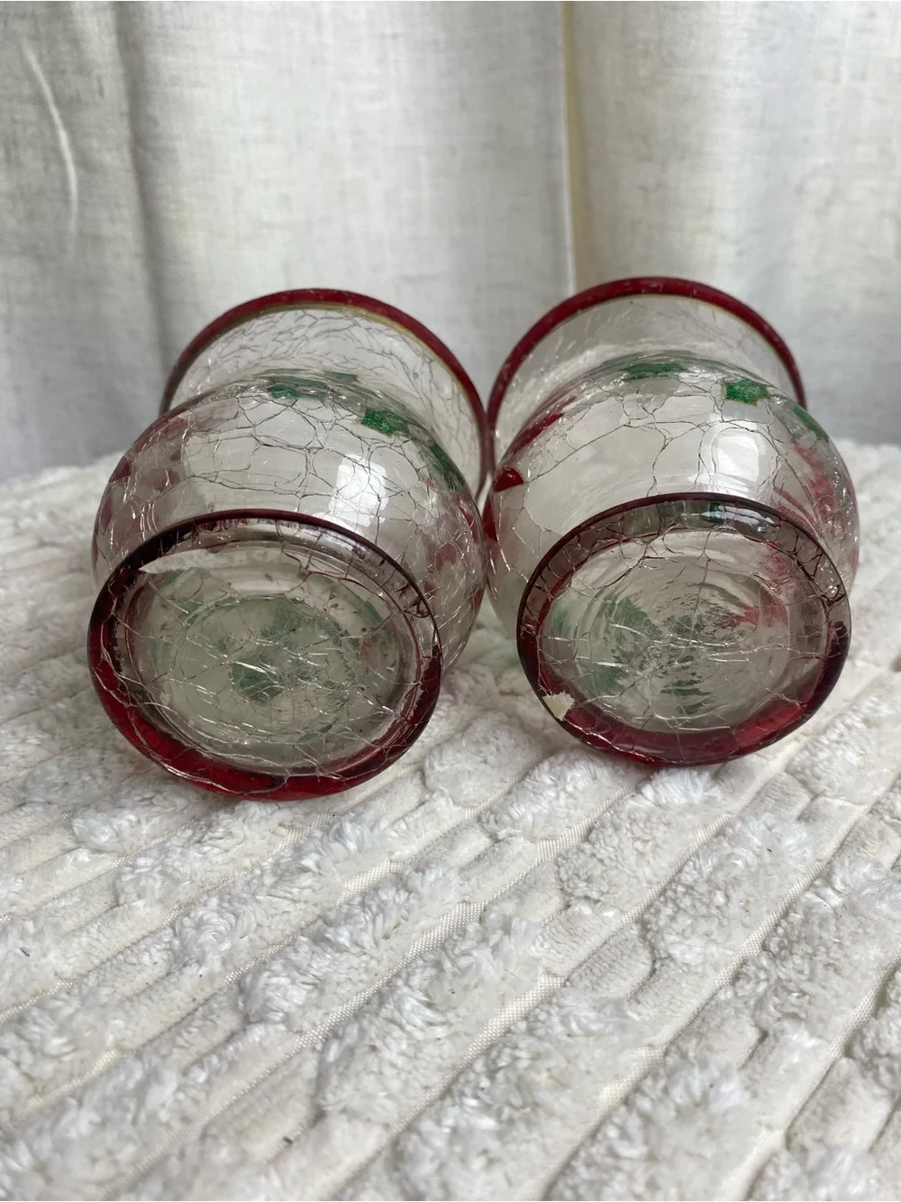 Vtg Crackle Glass Christmas Votive Candle Holders Red Poinsettia Pair 4